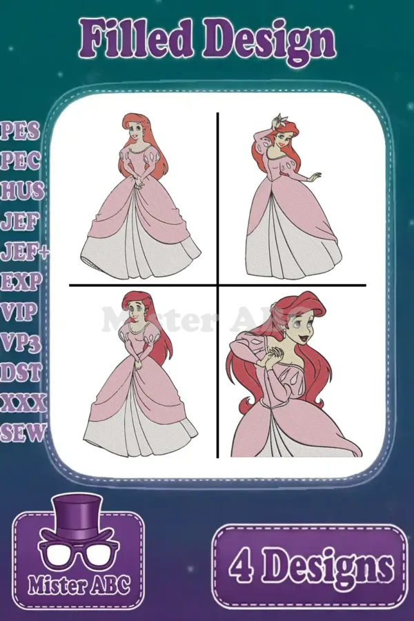 Four filled embroidery designs featuring Princess Ariel in elegant pink gowns, ready for diverse crafting projects.