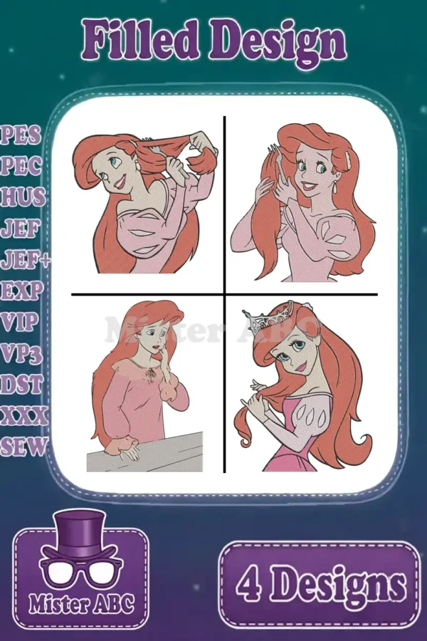 Four vibrant Ariel embroidery designs, showcasing different poses, ready for various creative crafting projects.