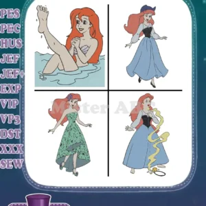 A vibrant collection of four Ariel embroidery designs, showcasing her in different iconic poses as filled stitch patterns.