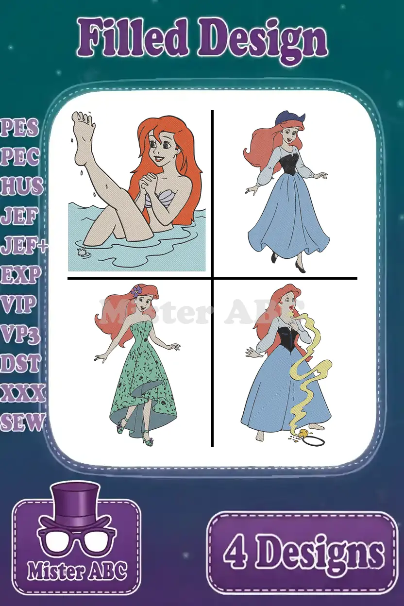 A vibrant collection of four Ariel embroidery designs, showcasing her in different iconic poses as filled stitch patterns.