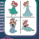 Disney Little Mermaid Ariel Green Blue Town Dress Human Princess Poses Designs - Filled Embroidery Design - Instant Download