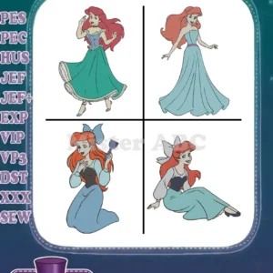 A vibrant collage of four Ariel filled embroidery designs, showcasing unique poses and detailed stitching for crafters.