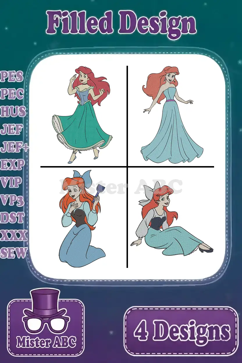 A vibrant collage of four Ariel filled embroidery designs, showcasing unique poses and detailed stitching for crafters.