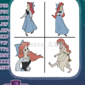 A vibrant collage displaying four unique filled embroidery designs of Ariel from The Little Mermaid in various poses, with supported file formats listed.