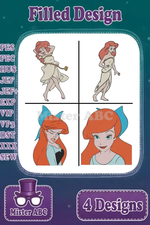 A compilation of four vibrant Ariel embroidery designs, two full-body and two close-up portraits, with format details.