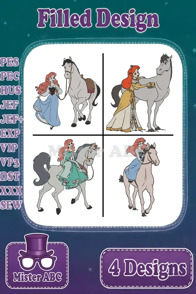 A collage of four vibrant filled embroidery designs showing Princess Ariel with her horse in different poses. Ideal for diverse projects.