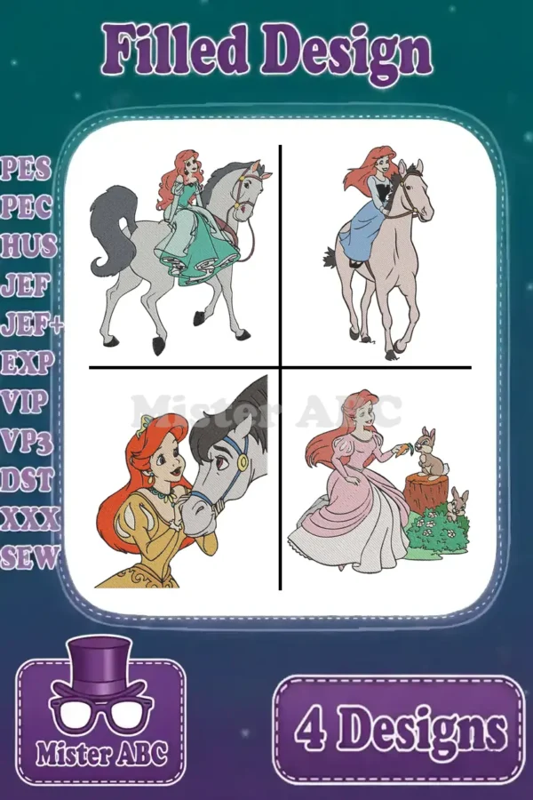 A collage of four vibrant Ariel embroidery designs, featuring her with horses and forest animals, ready for various projects.