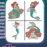 Disney Little Mermaid Ariel Mermaid Form Flower In Hair Swimming Poses Designs - Filled Embroidery Design - Instant Download