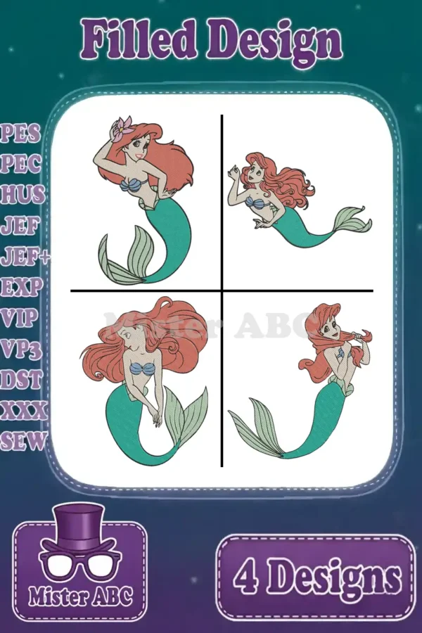 Four vibrant filled embroidery designs of Ariel from The Little Mermaid, showcasing various poses and file formats.