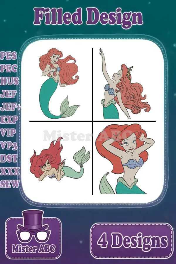 Four vibrant filled embroidery designs of Disney's Ariel, the Little Mermaid, in various iconic poses, ready for crafting.