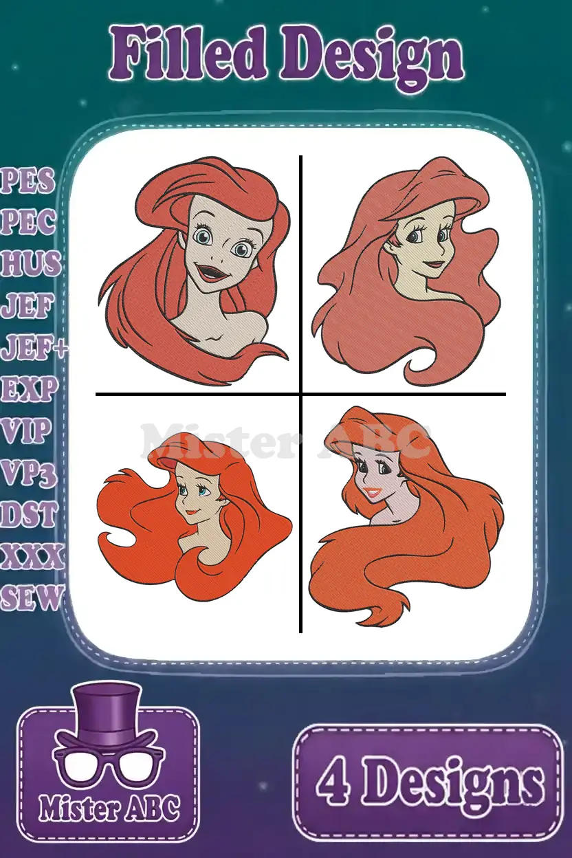 A collection of four enchanting Ariel embroidery designs, each showcasing distinct facial expressions and hairstyles.