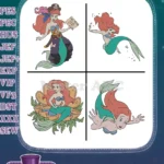 Disney Little Mermaid Ariel Mermaid With Flounder Sebastian On Flower Rock Collection - Filled Embroidery Design - Instant Download