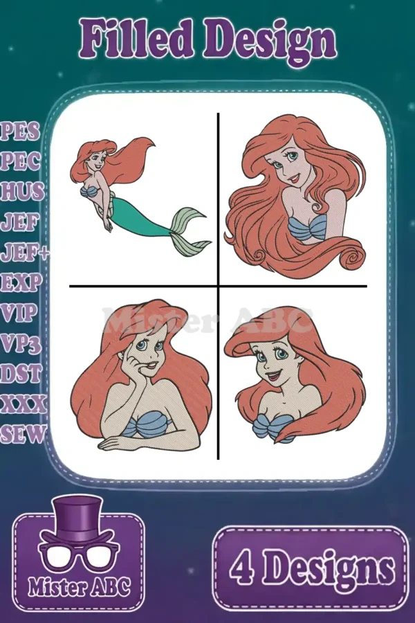 Four vibrant filled embroidery designs of Ariel, the Little Mermaid, in various charming poses, ready for stitching.