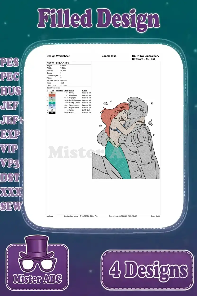 Detailed design worksheet for the Ariel and Prince Eric statue embroidery, showing stitch count and color sequence.