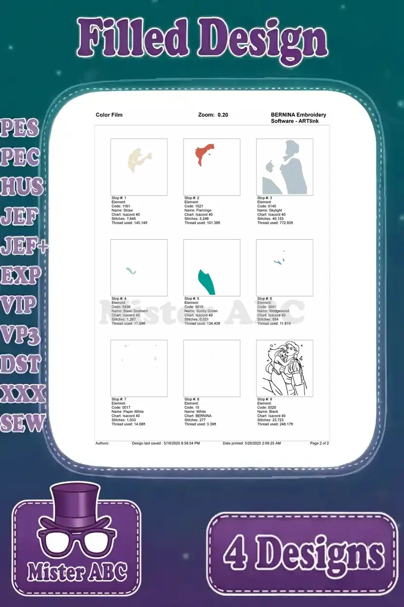 Color film breakdown for the Ariel and Prince Eric statue embroidery, illustrating the individual stitch stops.