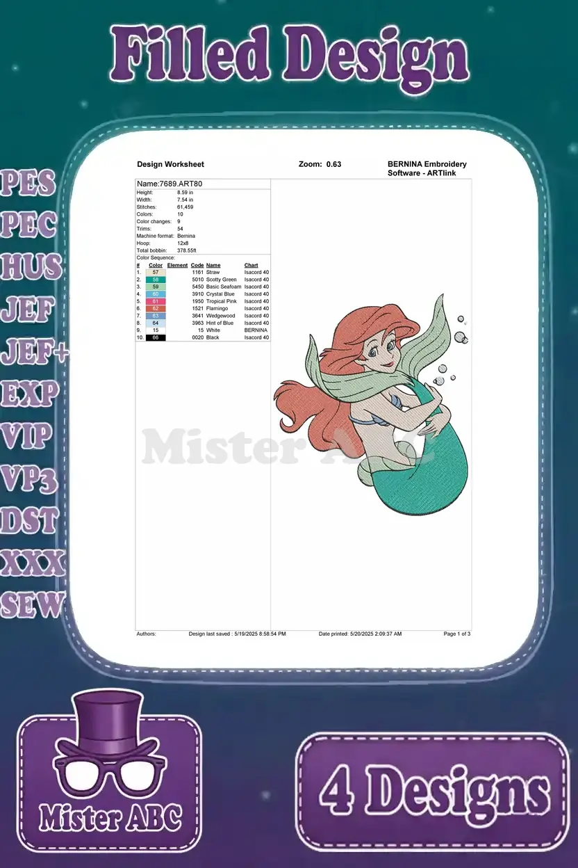 Detailed design worksheet for the Ariel swimming embroidery, including stitch count, color sequence, and thread chart.