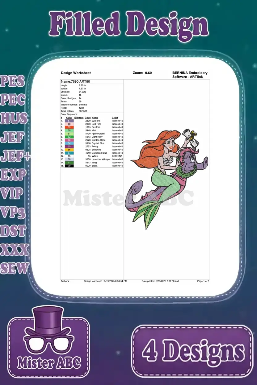 Detailed design worksheet for Ariel riding a seahorse-like creature, showing stitch count and color sequence.