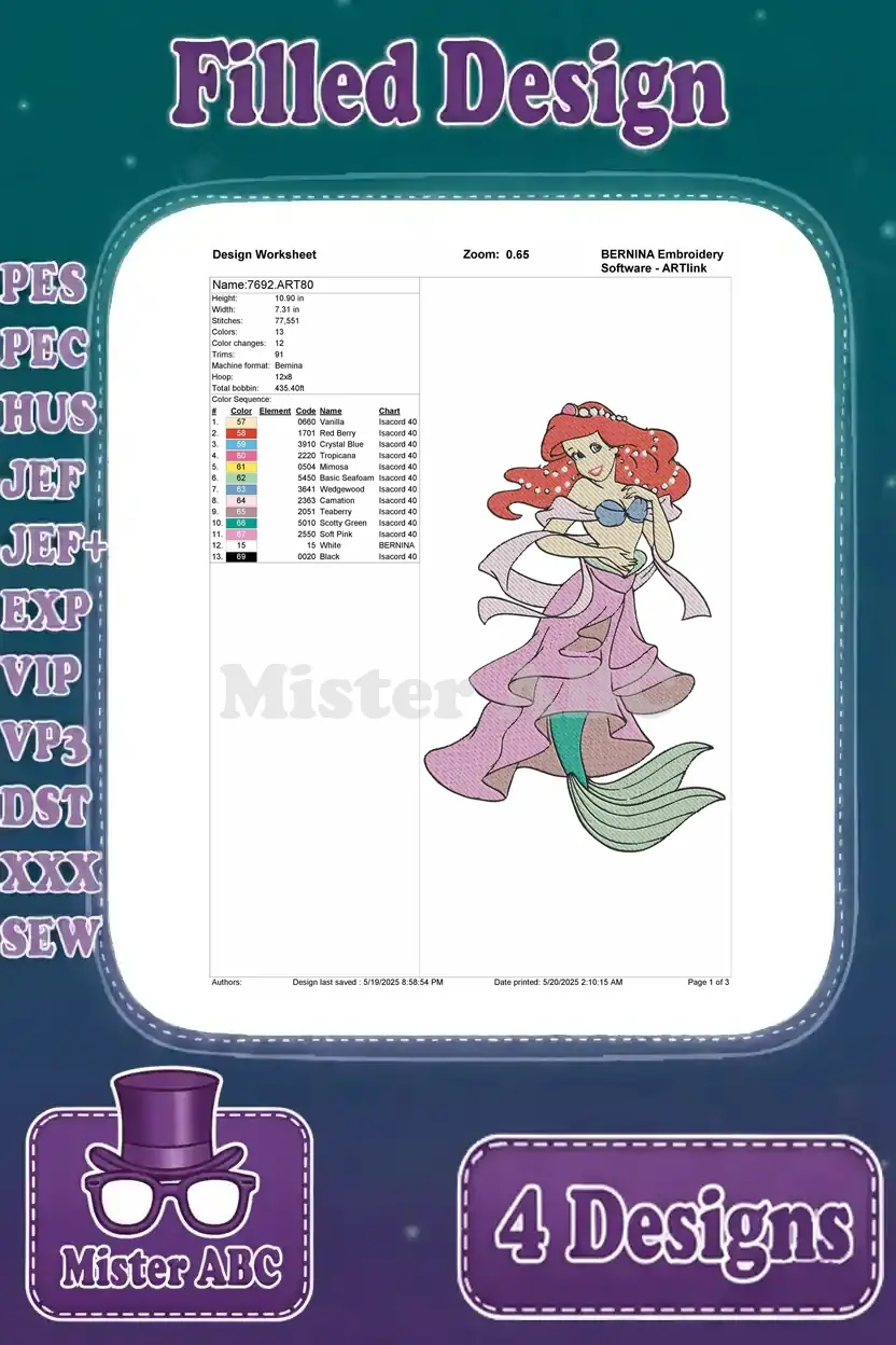 Detailed design worksheet for the first Ariel embroidery, showing stitch count, color changes, and thread chart specifics.