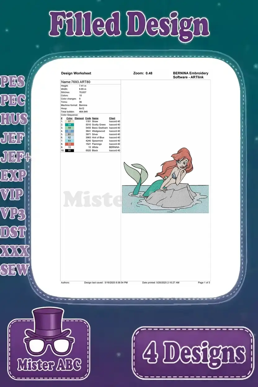 Design worksheet for the second Ariel design, depicting her gracefully resting on a rock, with full stitch data.