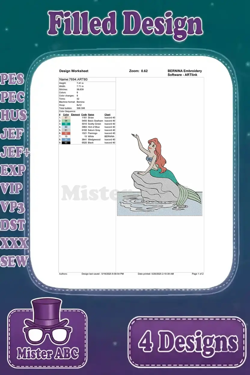 Design worksheet for the third Ariel pose, gracefully perched on a rock with arm raised, detailing all stitch parameters.
