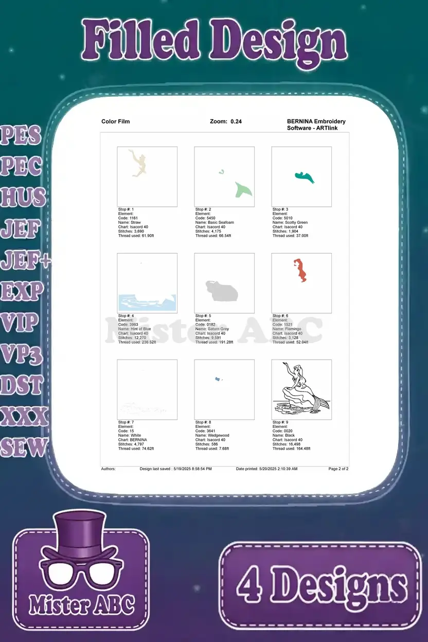 Color film for Ariel's arm-raised design, showing the complete sequence of thread changes and stitch application.