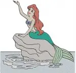 The Little Mermaid Ariel In Pink Dress On Rock Sitting On Rock With Flowers - Filled Embroidery Design - 7694