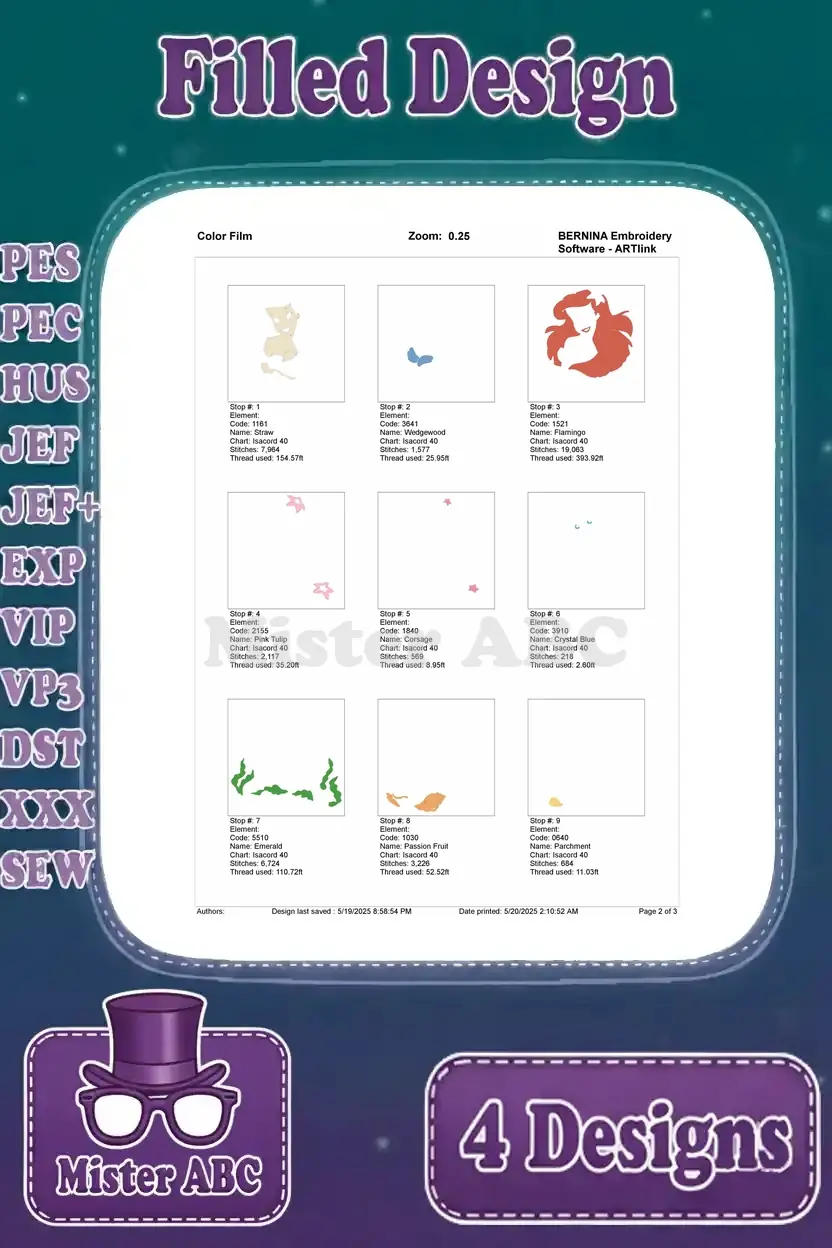 First page of the color film for Ariel's close-up design, detailing initial color applications and thread stops.