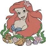 The Little Mermaid Ariel In Pink Dress On Rock Sitting On Rock With Flowers - Filled Embroidery Design - 7695