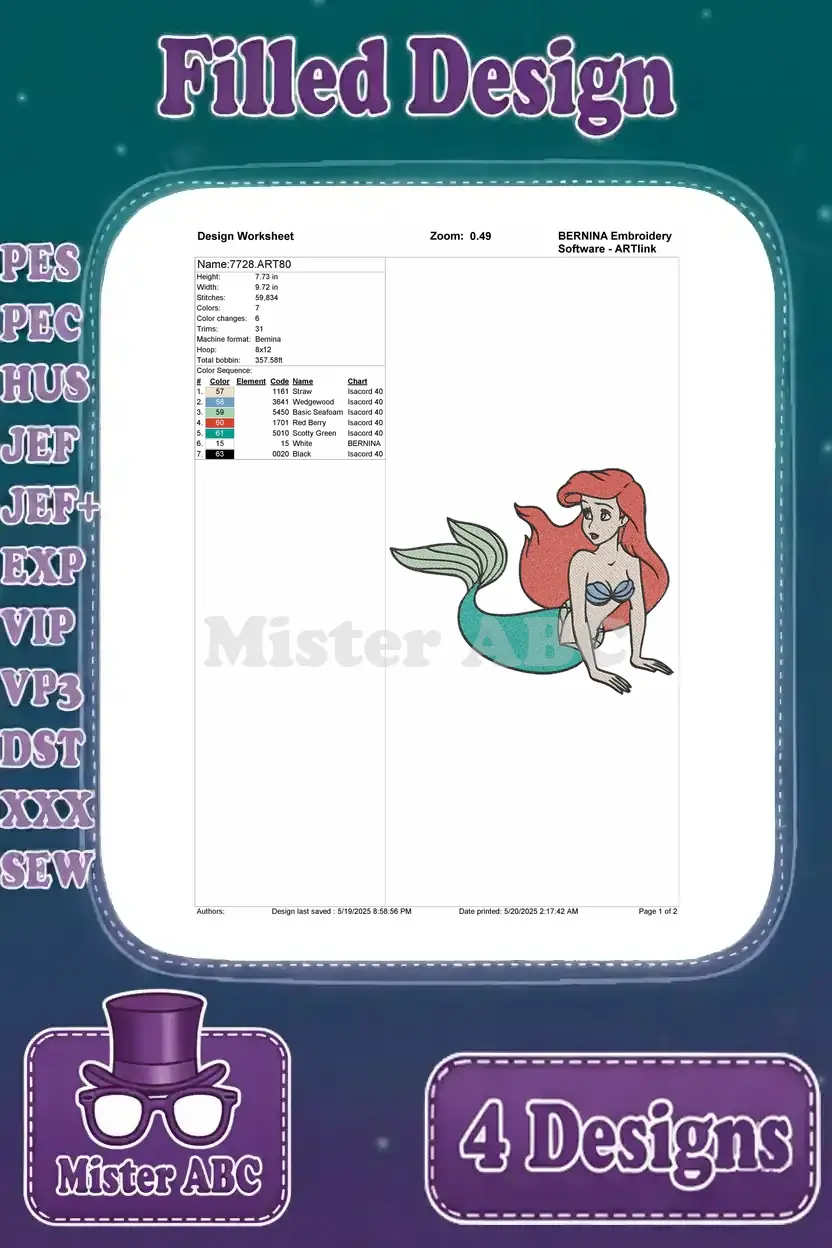 Detailed design worksheet for the first Ariel embroidery, showing stitch count, color sequence, and dimensions.