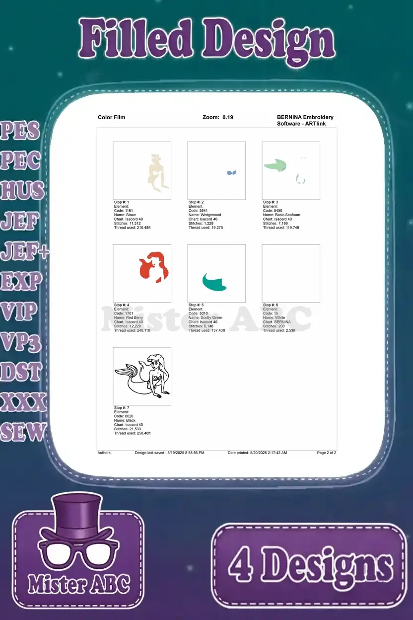 Color film breakdown for the first Ariel design, illustrating the stitch sequence for each thread color layer.
