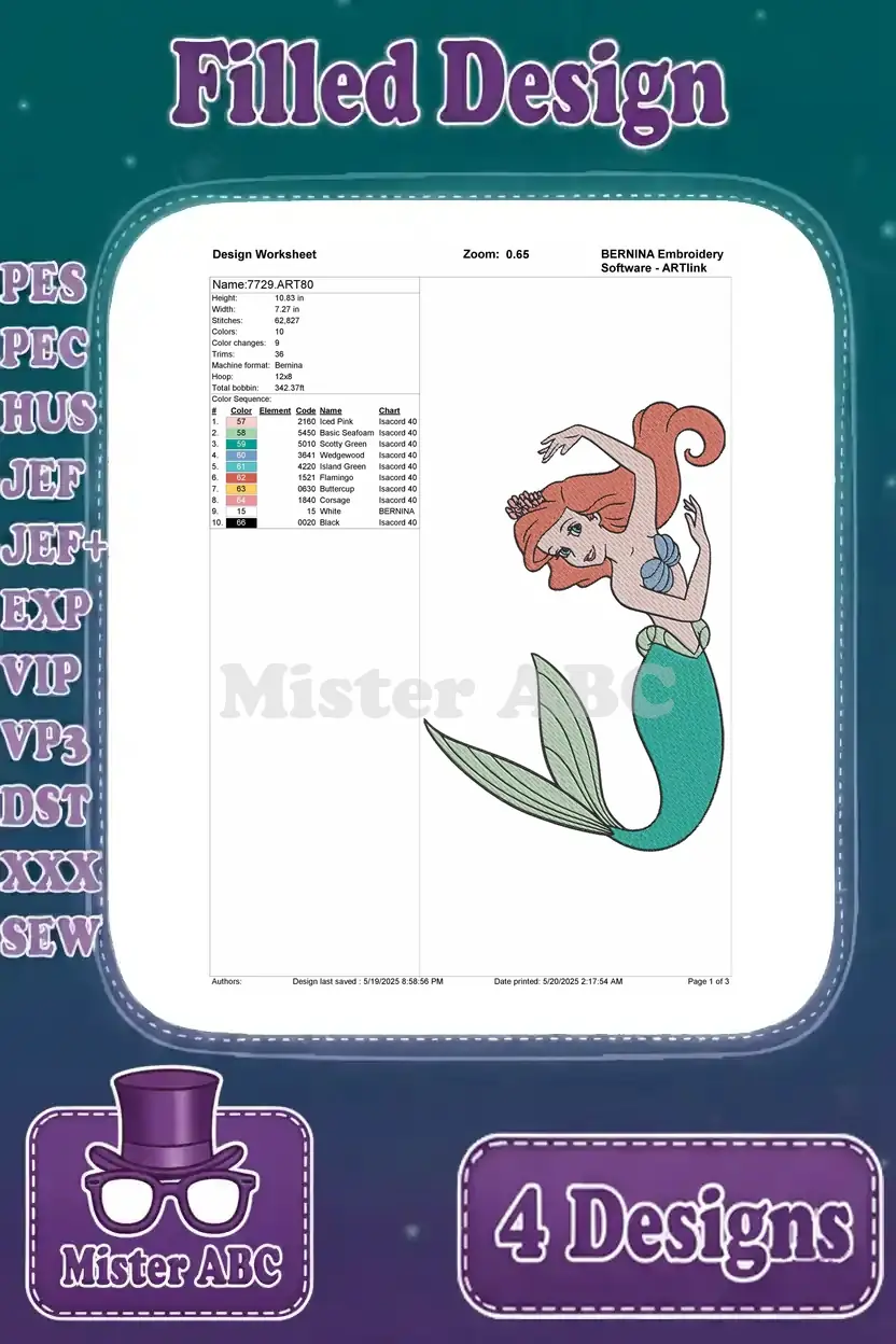 Detailed design worksheet for the second Ariel embroidery, showing stitch count, color sequence, and dimensions.