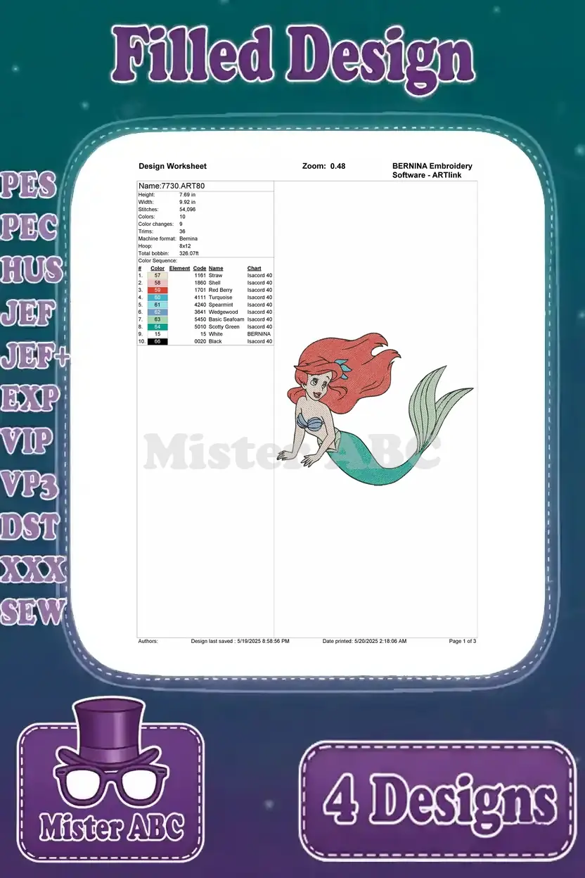 Detailed design worksheet for the third Ariel embroidery, showing stitch count, color sequence, and dimensions.