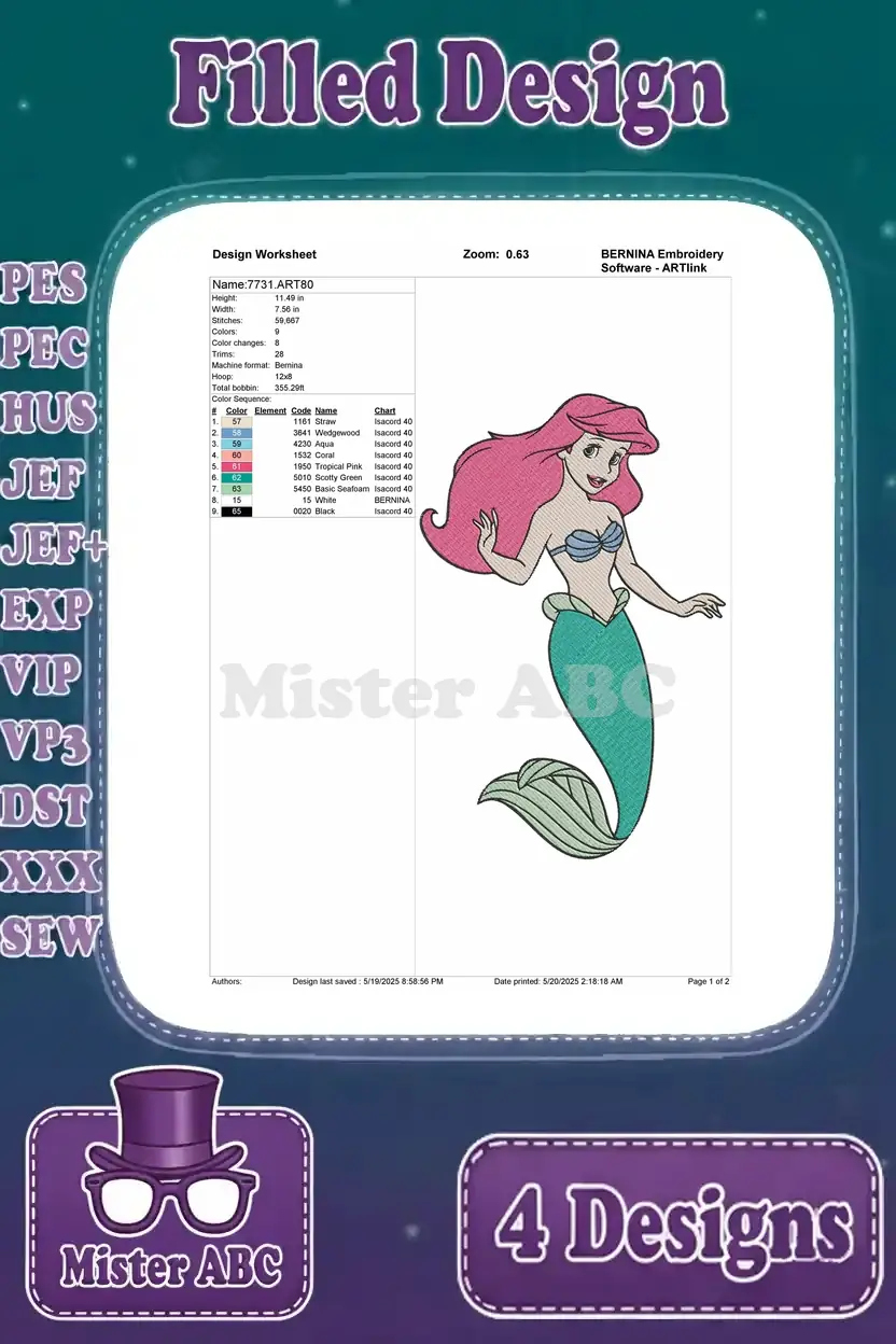 Detailed design worksheet for the fourth Ariel embroidery, showing stitch count, color sequence, and dimensions.
