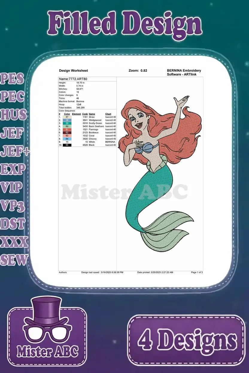 Detailed design worksheet for the first Ariel embroidery, showing stitch count, colors, and thread specifications.