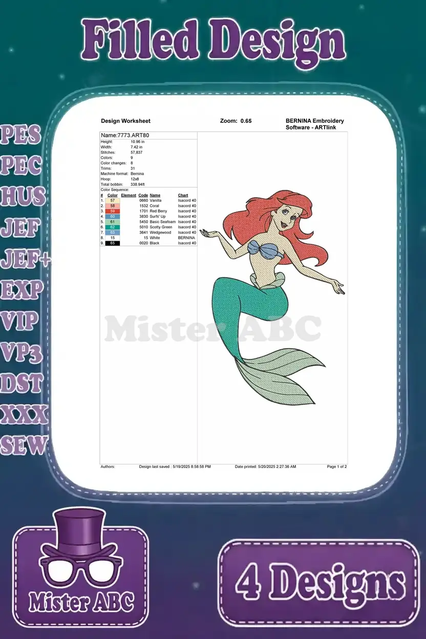 Detailed design worksheet for the second Ariel embroidery, showing stitch count, colors, and thread specifications.