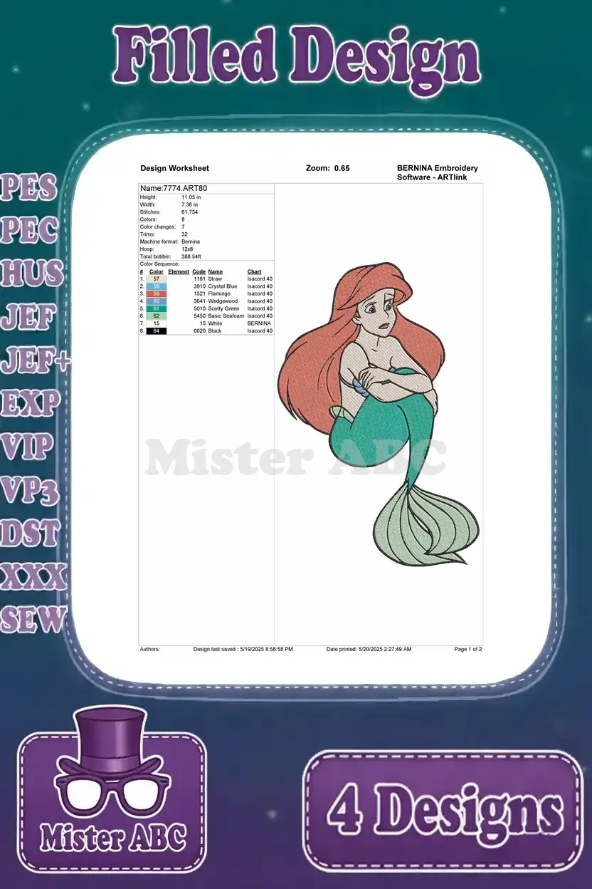 Detailed design worksheet for the third Ariel embroidery, showing stitch count, colors, and thread specifications.