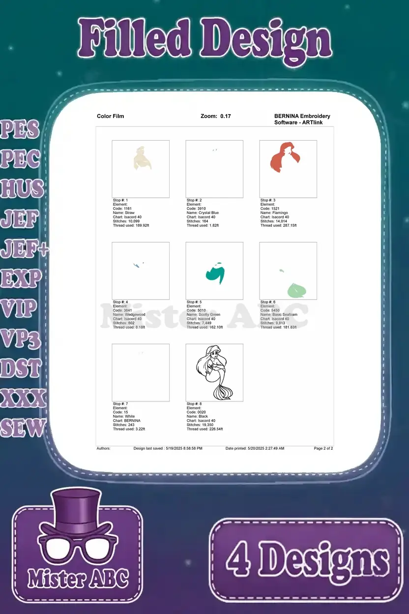 Color film for the third Ariel design, illustrating each embroidery color stop and sequence with thread details.