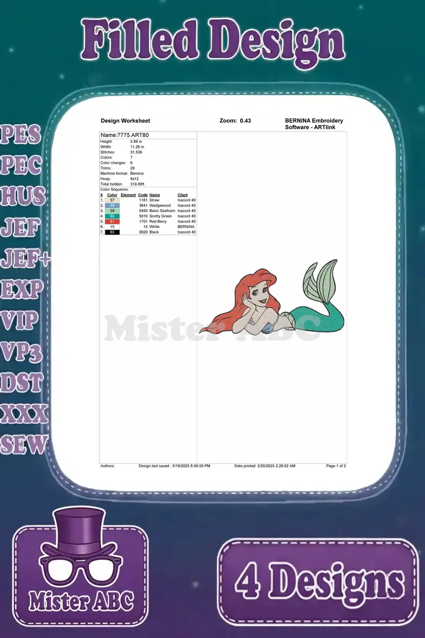 Detailed design worksheet for the fourth Ariel embroidery, showing stitch count, colors, and thread specifications.