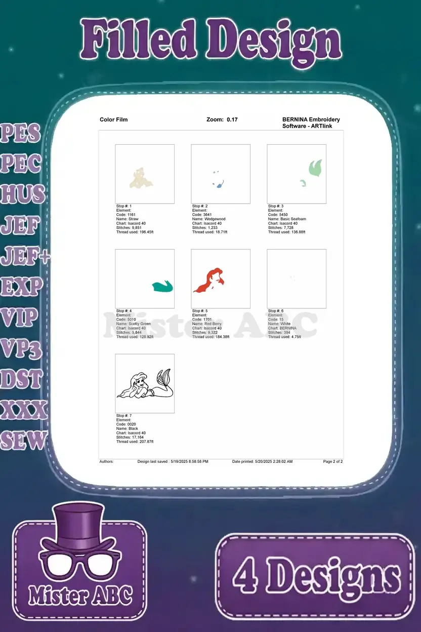 Color film for the fourth Ariel design, illustrating each embroidery color stop and sequence with thread details.