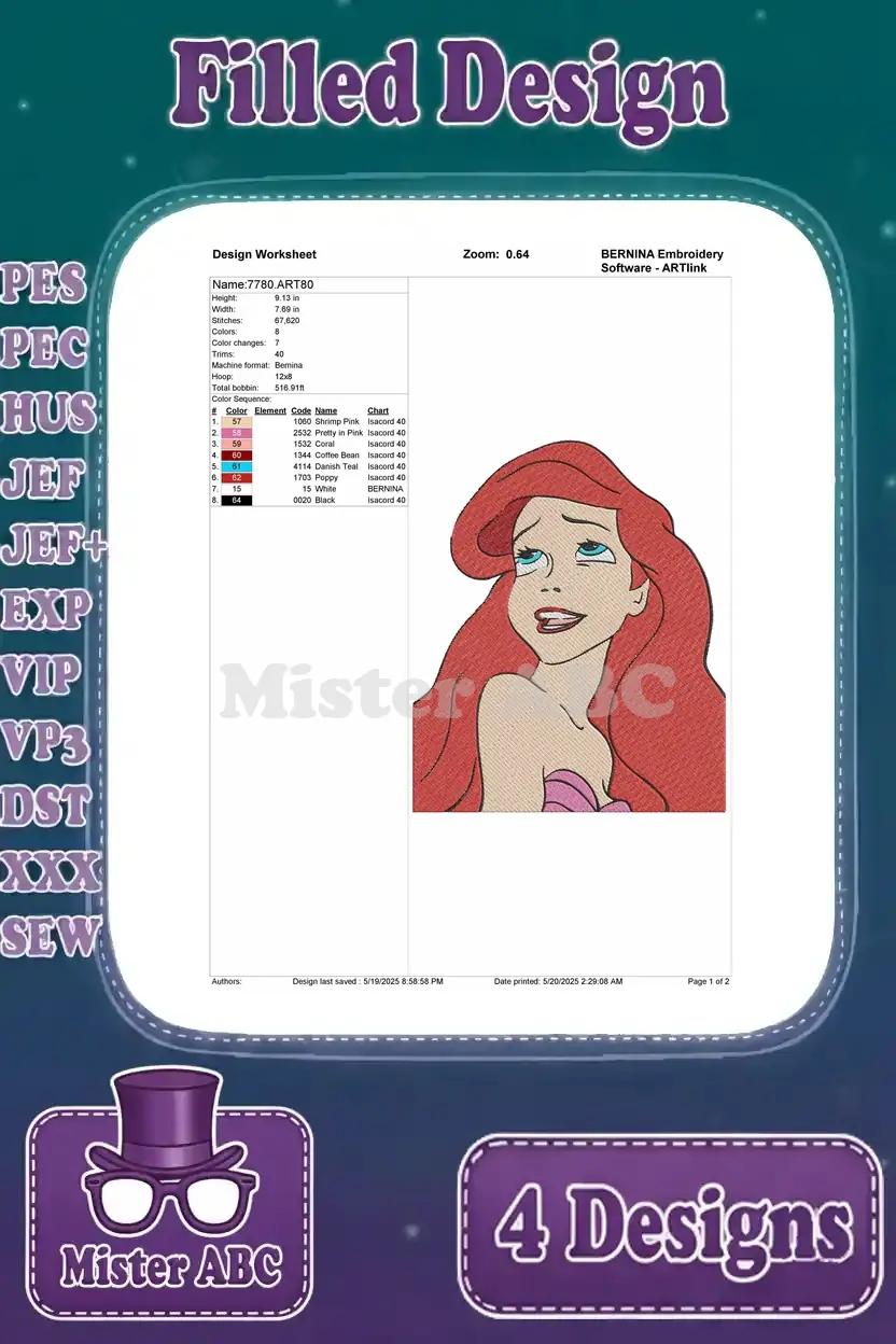 Detailed design worksheet for Ariel embroidery, showing thread colors, stitch count, and design specifications.