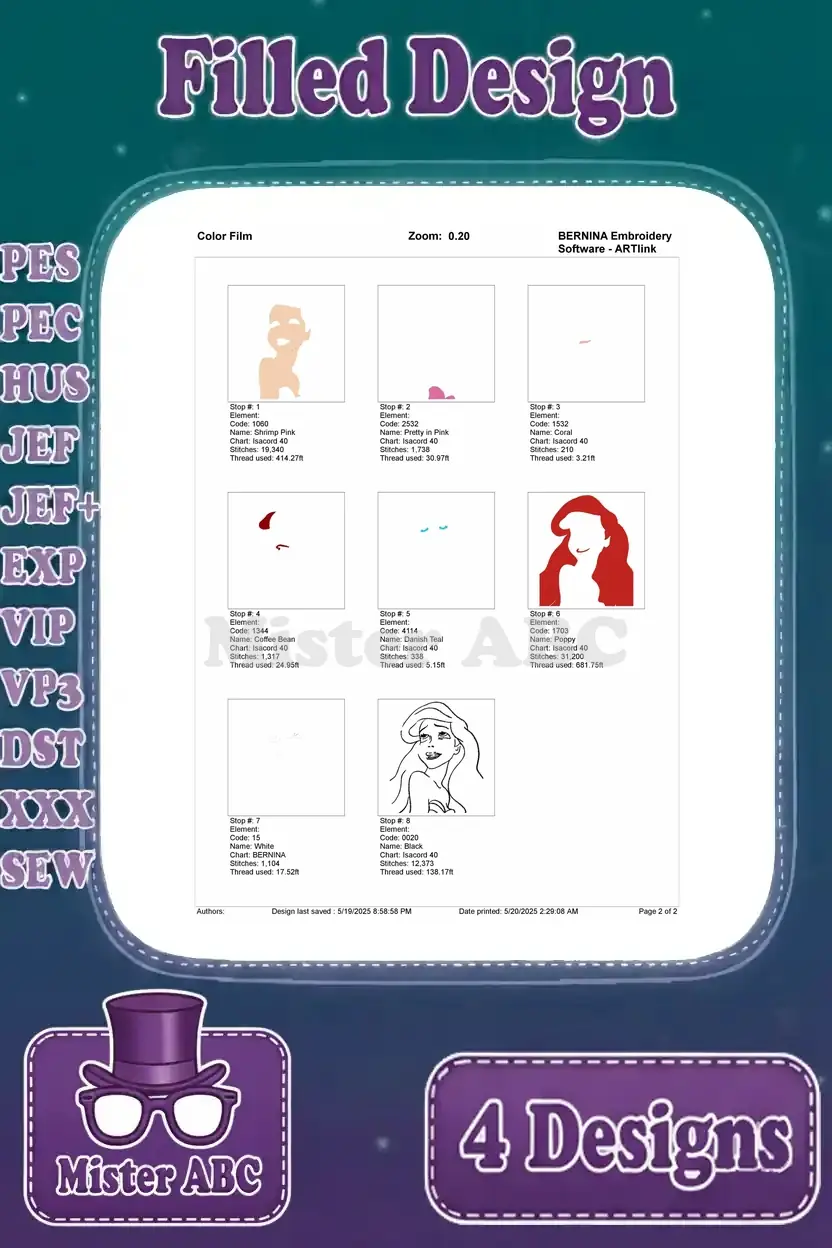 Color film breakdown for Ariel embroidery design, illustrating the precise stitch sequence and color application.