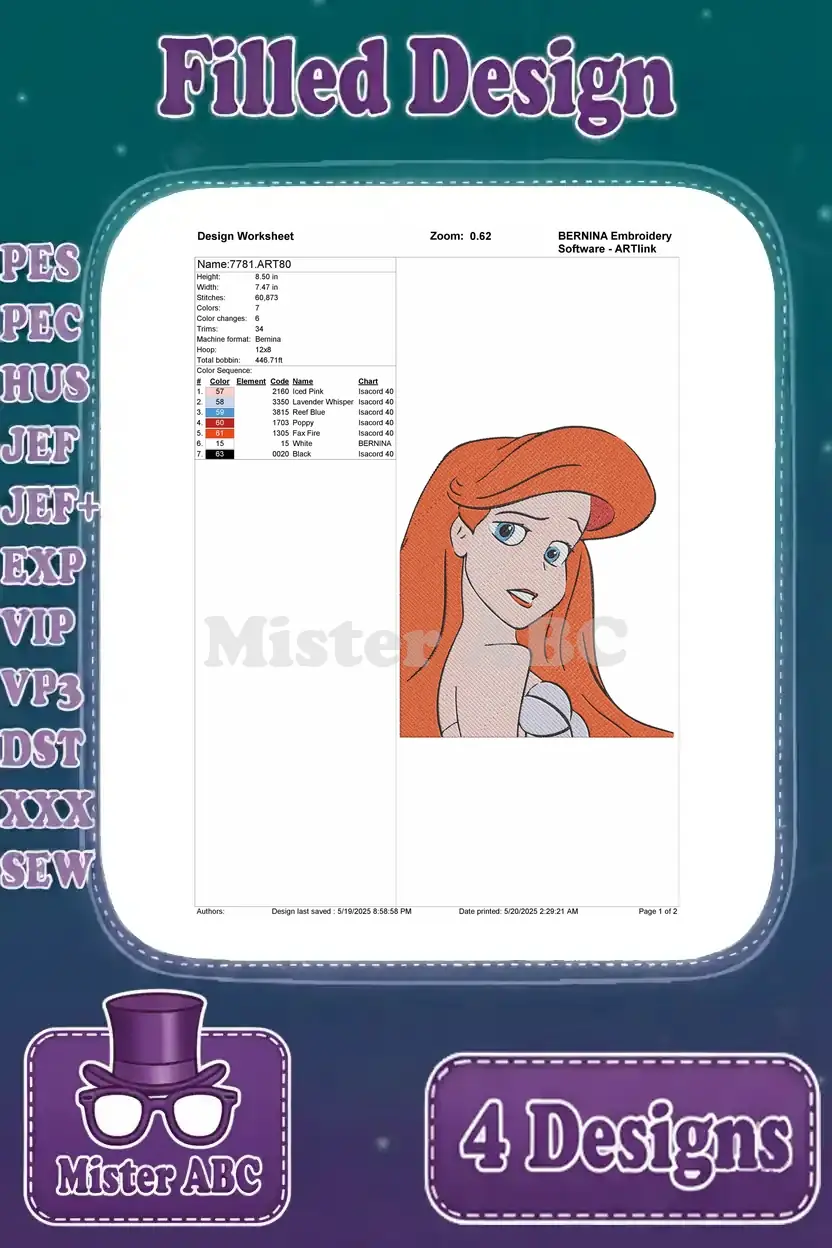 Comprehensive design worksheet for the second Ariel embroidery pattern, including thread charts and stitch count.
