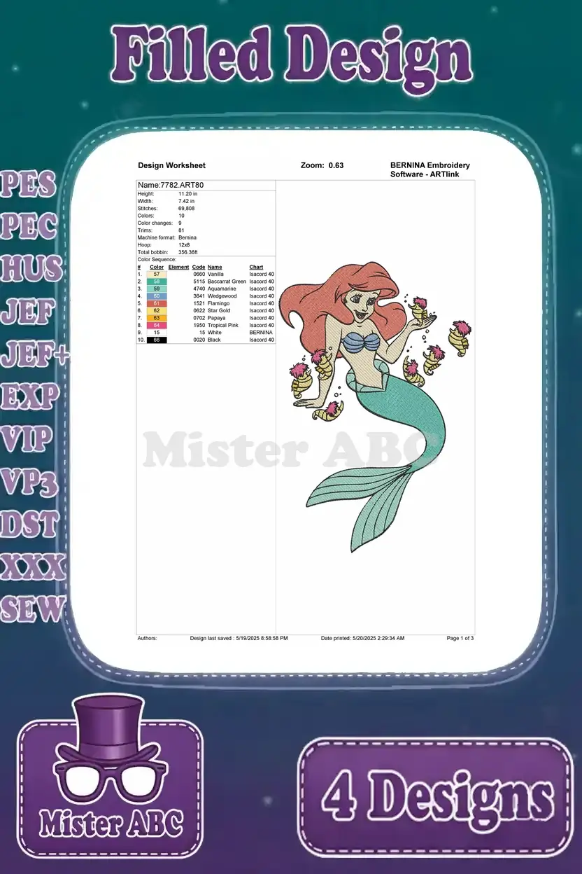 Detailed design worksheet for the third Ariel embroidery, a full-body design with delightful cupcakes.