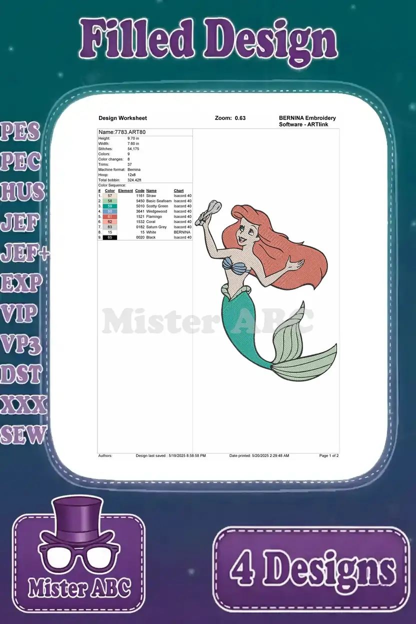 Detailed design worksheet for Ariel with dinglehopper embroidery, showing thread colors and stitch count.