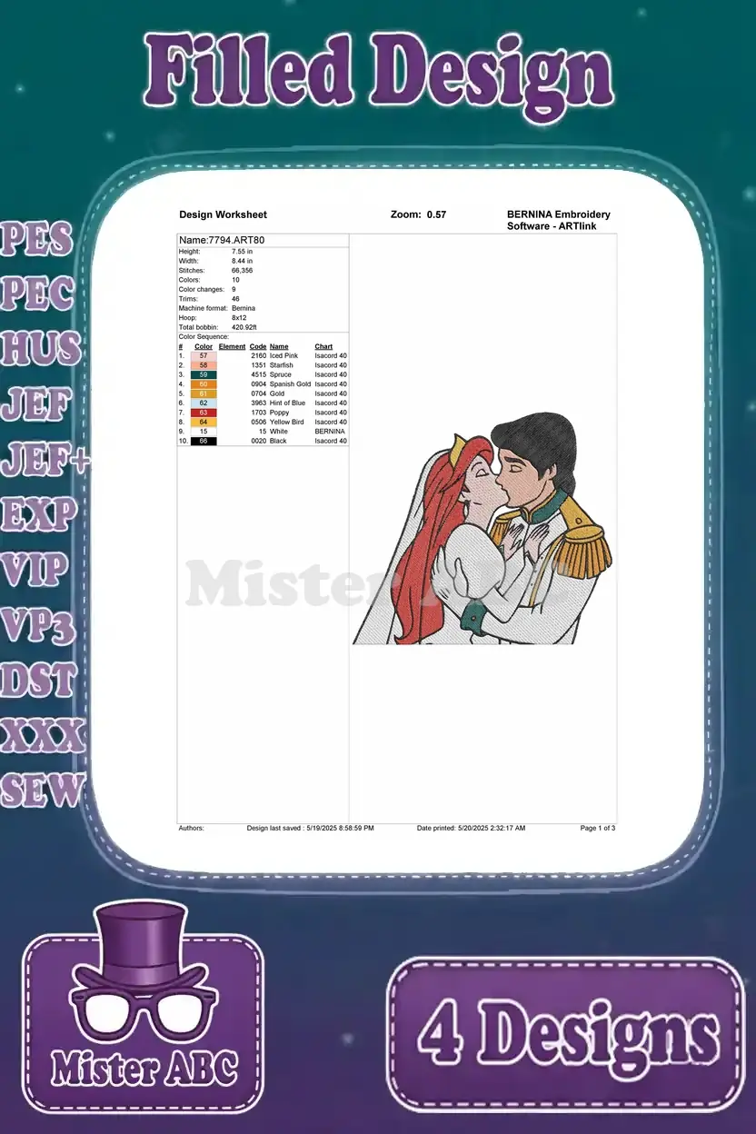 Design worksheet for the Ariel and Eric wedding kiss embroidery, detailing stitch count, color changes, and hoop size.