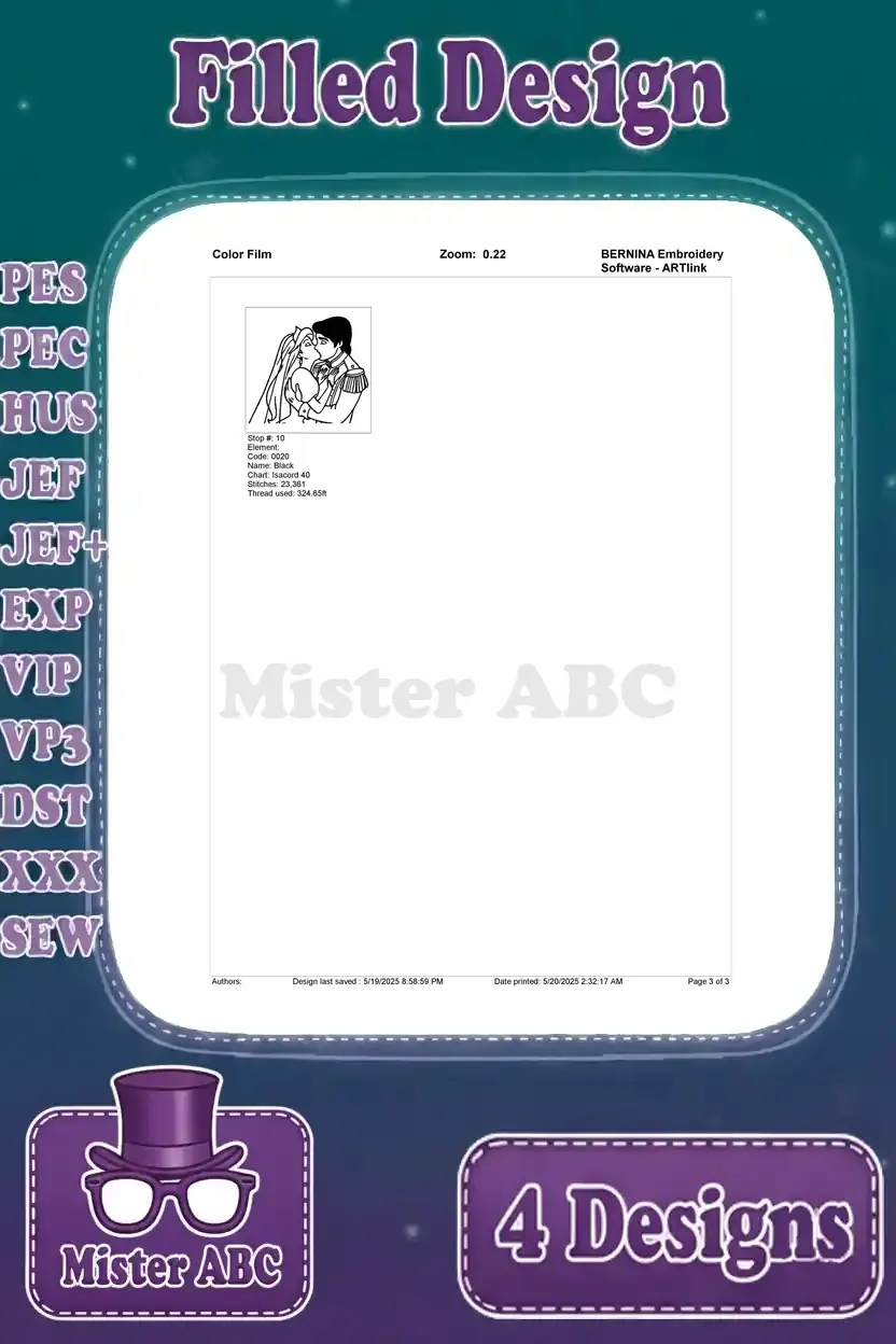 Color film page 2 for the Ariel and Eric wedding kiss design, showing subsequent color stops and stitch progression.