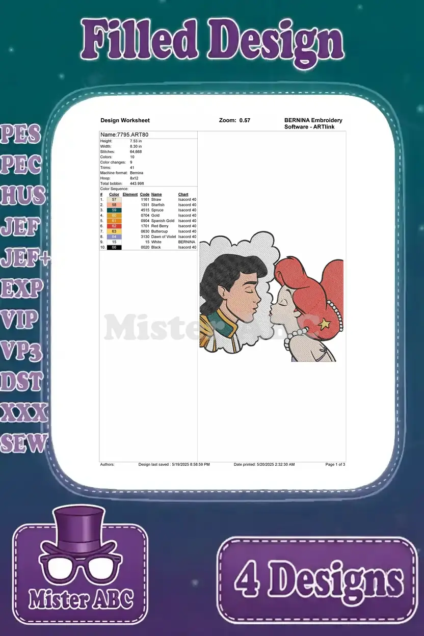 Design worksheet for the Ariel and Eric kissing with bubbles embroidery, detailing stitch count, color changes, and hoop size.