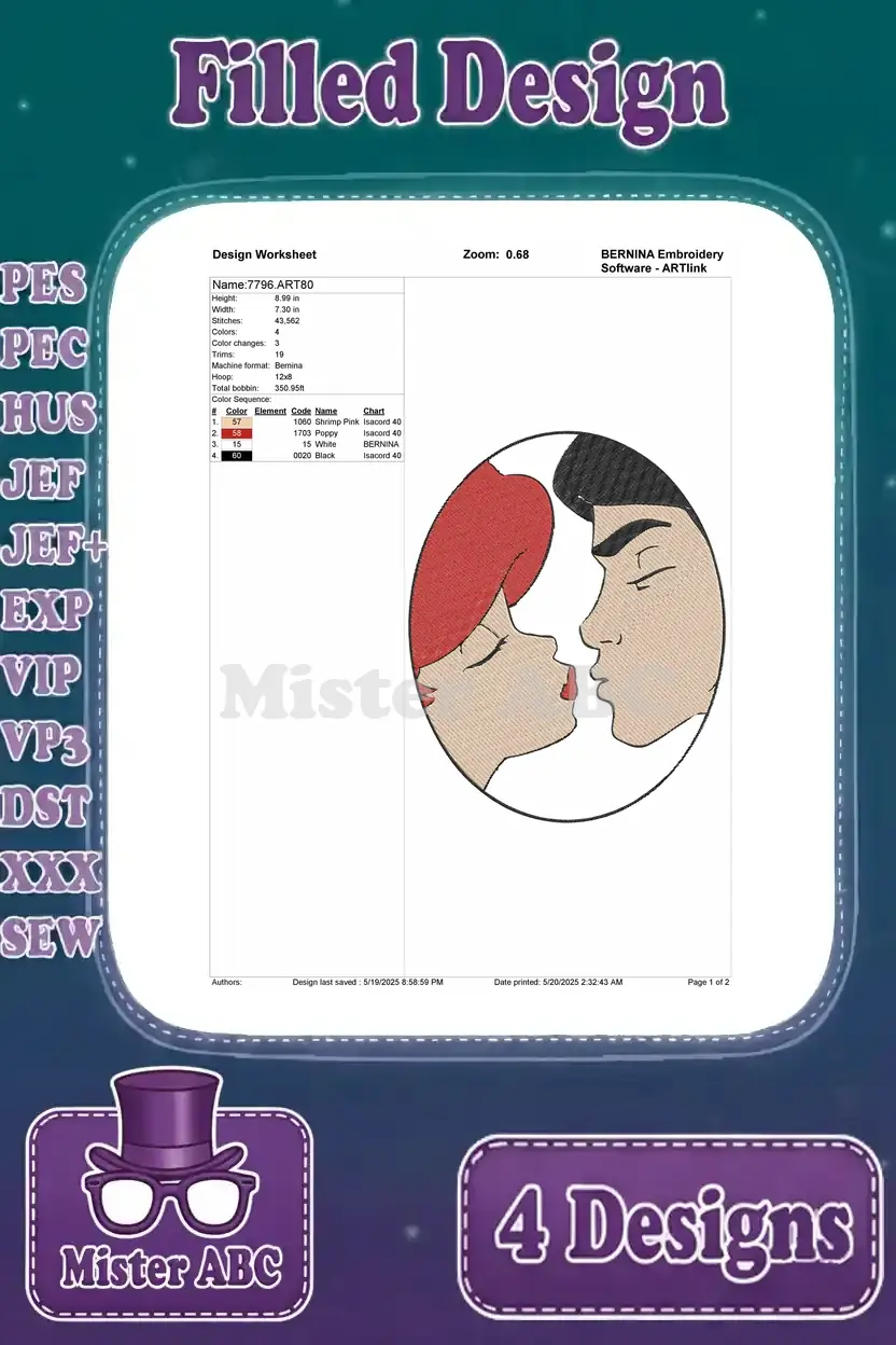 Design worksheet for the Ariel and Eric profile kiss embroidery, detailing stitch count, color changes, and hoop size.