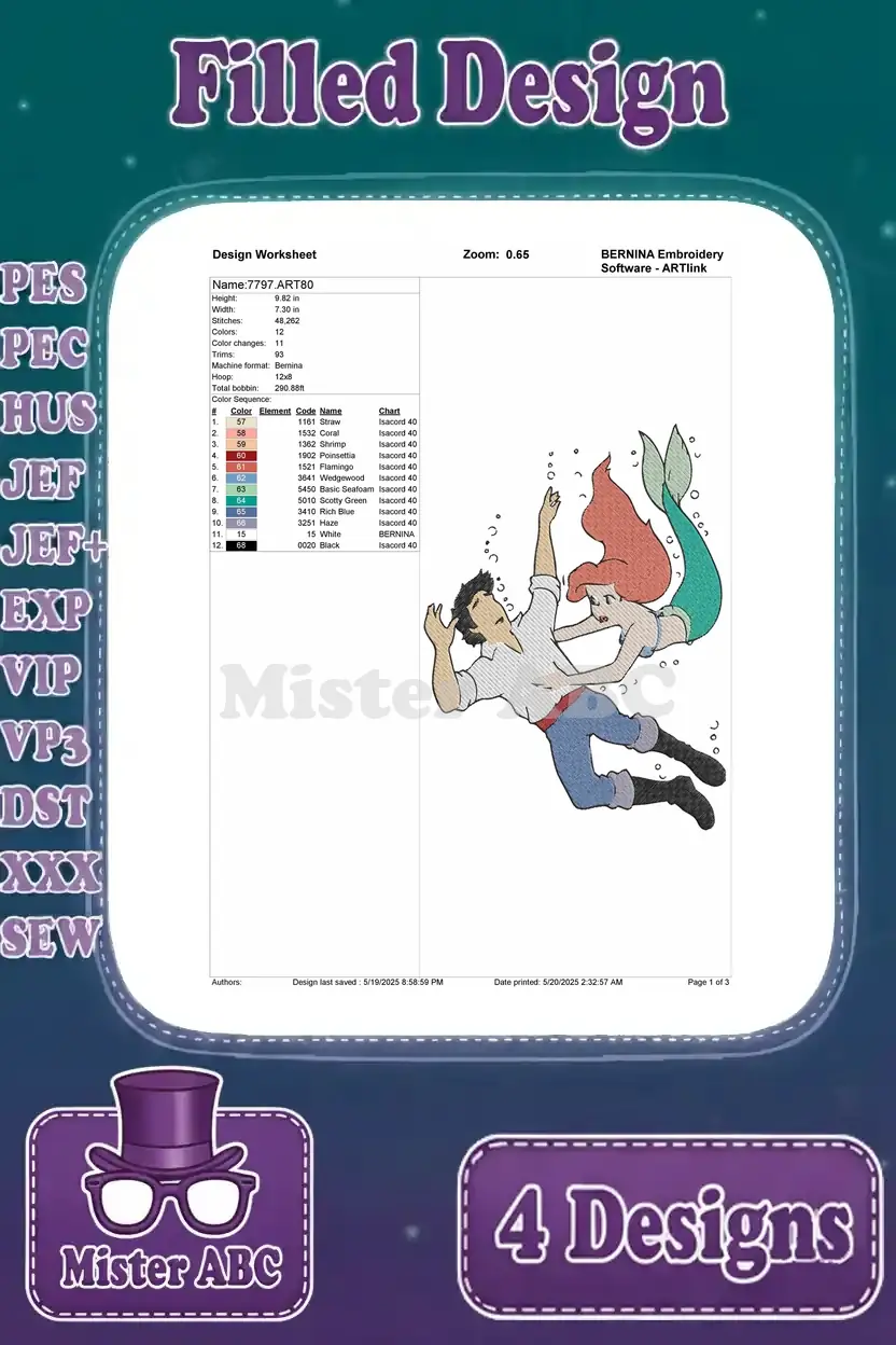 Design worksheet for the Ariel and Eric underwater rescue embroidery, detailing stitch count, color changes, and hoop size.