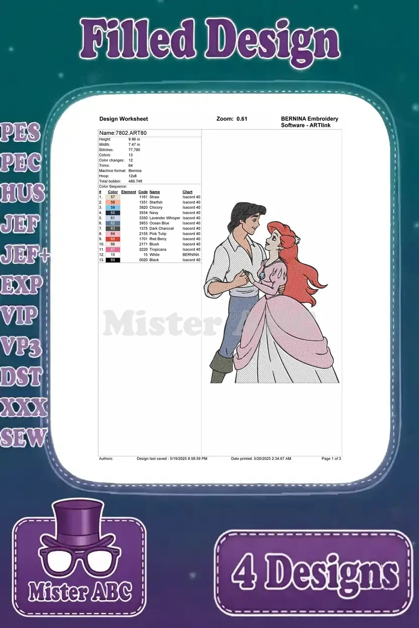 Technical worksheet for the first Ariel and Eric filled embroidery design, showing stitch count, colors, and hoop size.